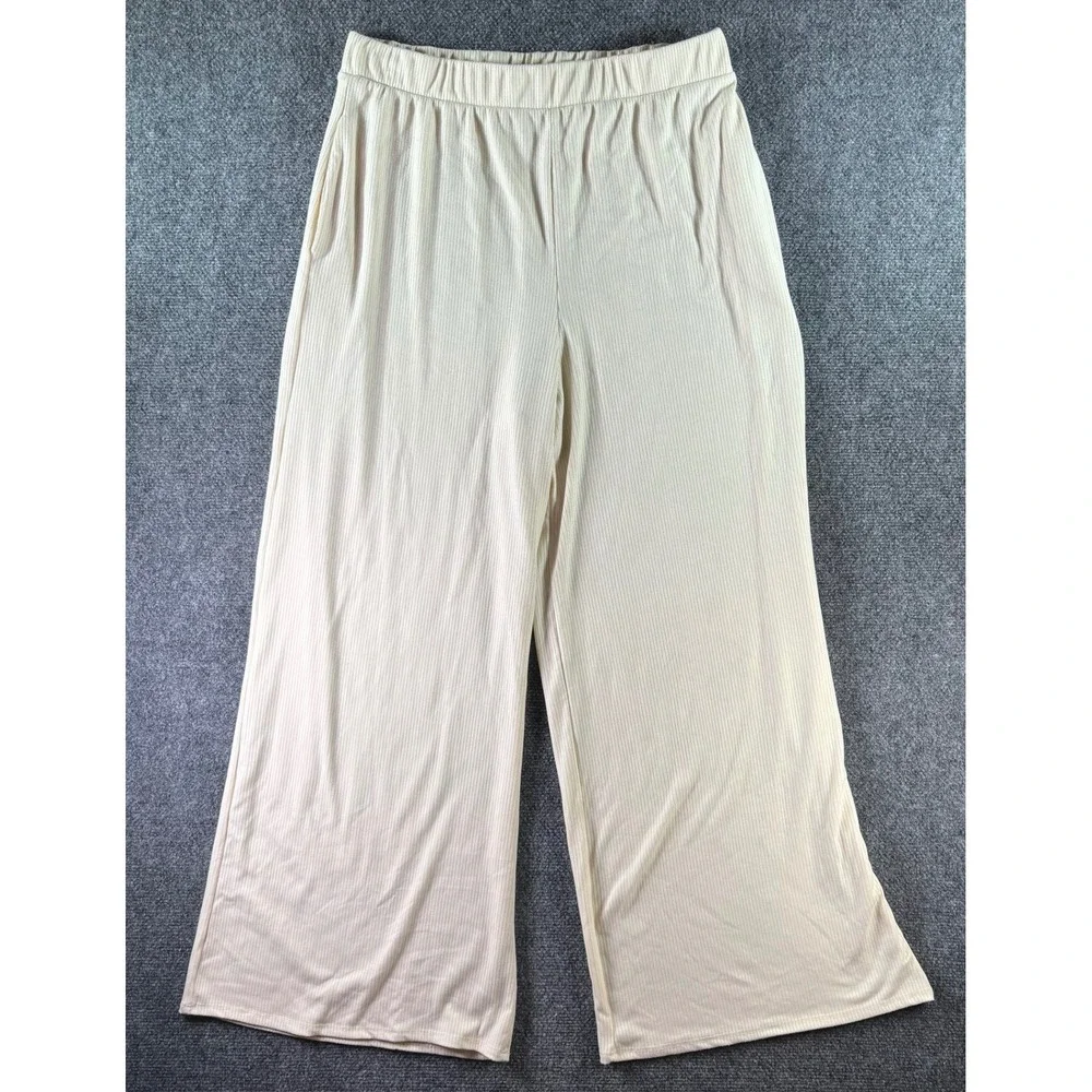 Lala Wide Leg Ribbed Knit Pants Womens XL Cream Beige Elastic Waist Casual